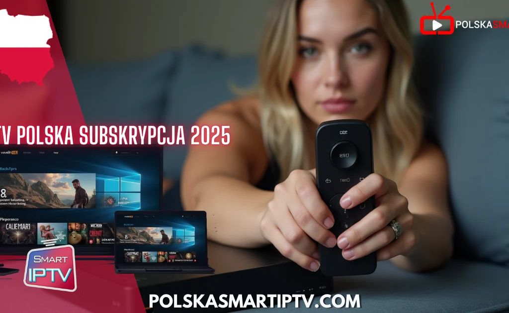 Kvinde holder fjernbetjening foran Smart TV med IPTV Polska interface – reklame for polskie IPTV abonnement 2025.