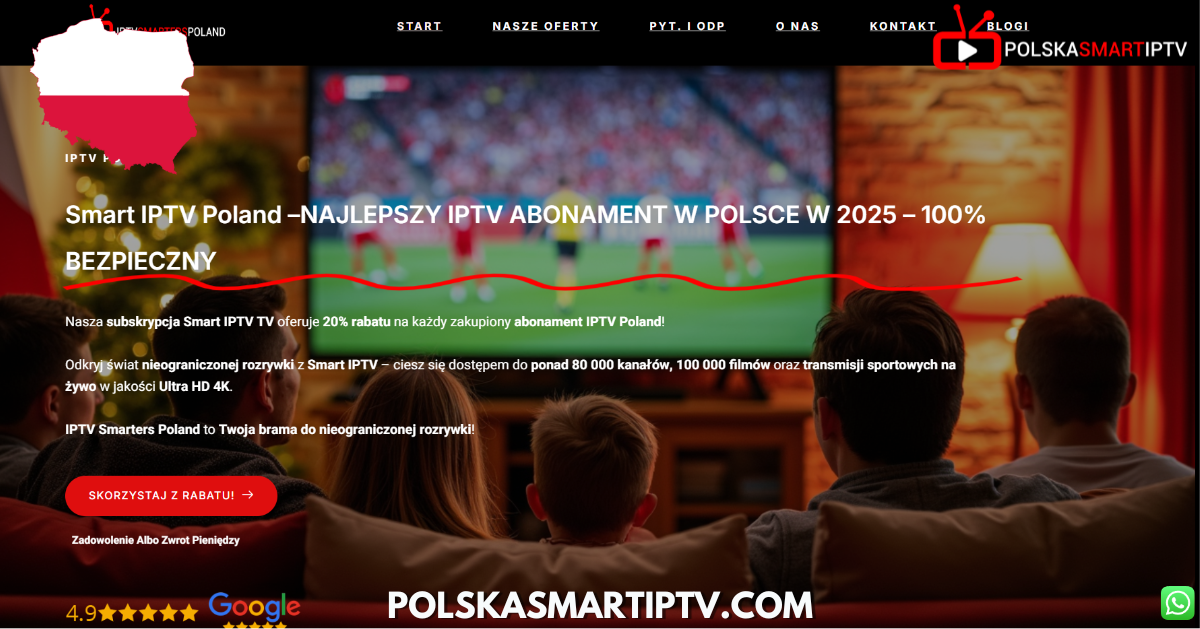 Rodzina oglądająca sport na dużym ekranie z napisem "Najlepszy IPTV Abonament w Polsce 2025" – Polska Smart IPTV.